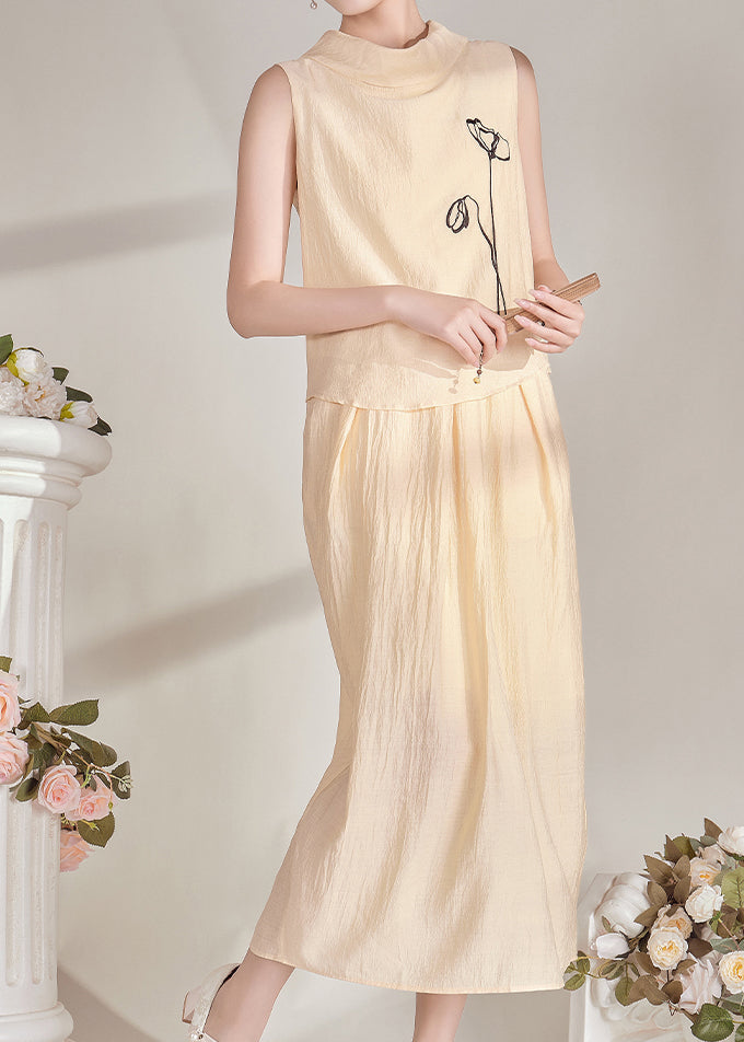 Chinese Style Light Yellow Turtleneck Top And Maxi Skirts Two Pieces Set Summer
