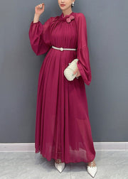Chinese Style Mulberry Floral Wrinkled Chiffon Long Dress Fall