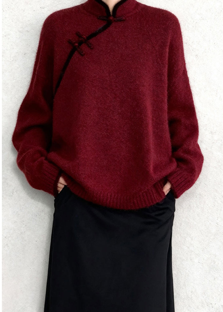 Chinese Style Mulberry Mandarin Collar Warm Knitted Tops Winter