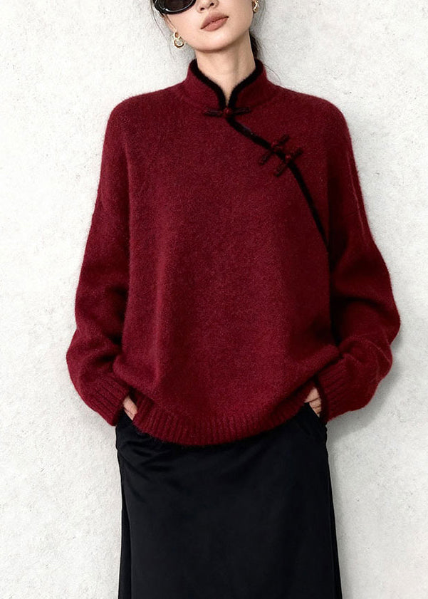 Chinese Style Mulberry Mandarin Collar Warm Knitted Tops Winter