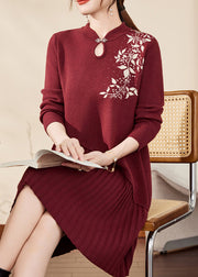 Chinese Style Mulberry Stand Collar Cotton Knit Long Sweater Dress Fall