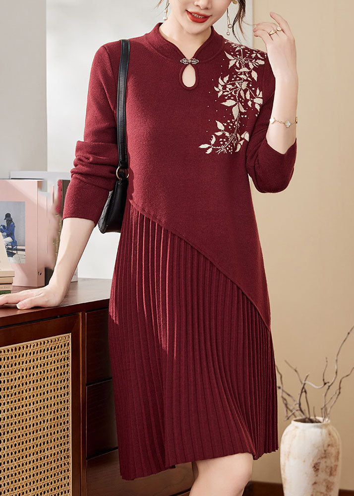 Chinese Style Mulberry Stand Collar Cotton Knit Long Sweater Dress Fall