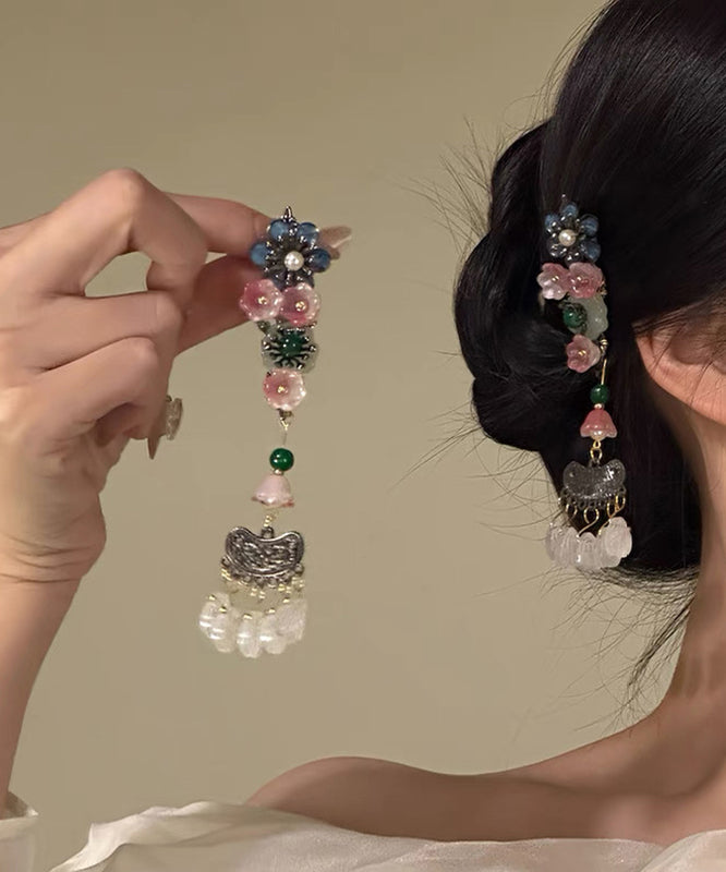 Chinese Style Multicolor Alloy Floral Tassel A Pair Hairpin
