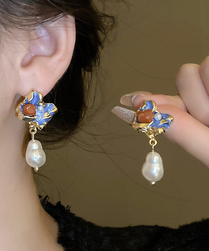 Chinese Style Multicolor Alloy Pearl Drip Glaze Asymmetrical Drop Earrings