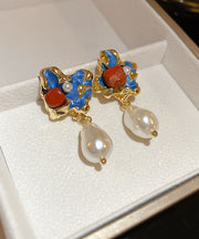 Chinese Style Multicolor Alloy Pearl Drip Glaze Asymmetrical Drop Earrings