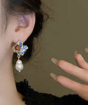 Chinese Style Multicolor Alloy Pearl Drip Glaze Asymmetrical Drop Earrings