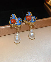 Chinese Style Multicolor Alloy Pearl Drip Glaze Asymmetrical Drop Earrings