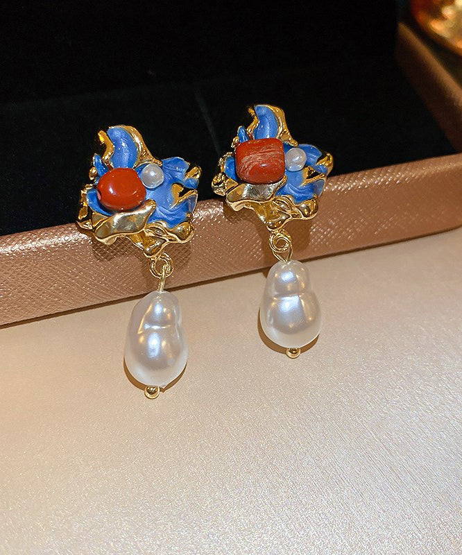 Chinese Style Multicolor Alloy Pearl Drip Glaze Asymmetrical Drop Earrings