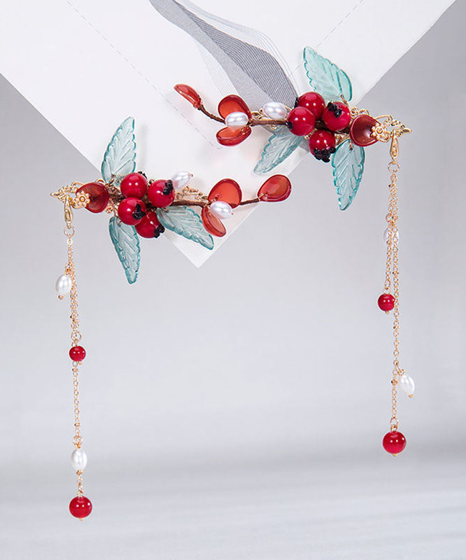 Chinese Style Multicolor Copper Overgild Pearl Coloured Glaze Leaf A Pair Hairpin