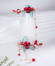 Chinese Style Multicolor Copper Overgild Pearl Coloured Glaze Leaf A Pair Hairpin