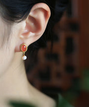 Chinese Style Multicolor Sterling Silver Overgild Pearl Agate Drop Earrings