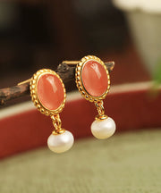 Chinese Style Multicolor Sterling Silver Overgild Pearl Agate Drop Earrings