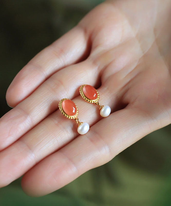 Chinese Style Multicolor Sterling Silver Overgild Pearl Agate Drop Earrings