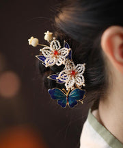 Chinese Style Multicolor Sterling Silver Overgild Pearl Butterfly Hairpin