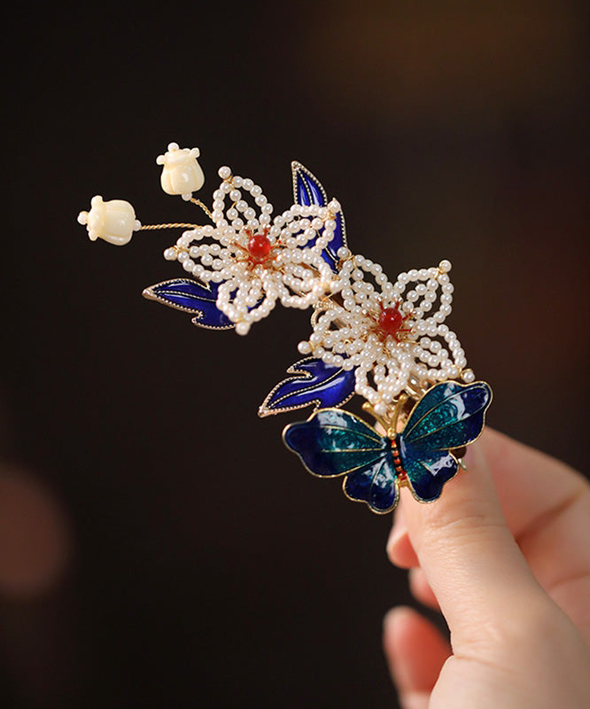 Chinese Style Multicolor Sterling Silver Overgild Pearl Butterfly Hairpin