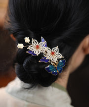Chinese Style Multicolor Sterling Silver Overgild Pearl Butterfly Hairpin