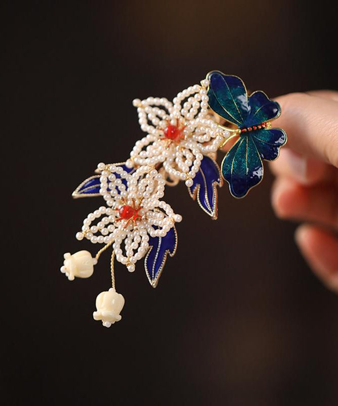 Chinese Style Multicolor Sterling Silver Overgild Pearl Butterfly Hairpin