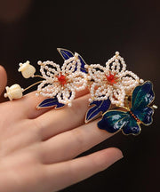 Chinese Style Multicolor Sterling Silver Overgild Pearl Butterfly Hairpin