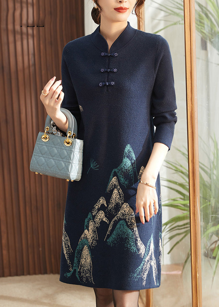 Chinese Style Navy Print Tassel Cotton Knitted Long Sweater Dress Fall