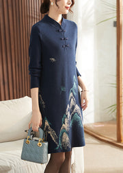 Chinese Style Navy Print Tassel Cotton Knitted Long Sweater Dress Fall