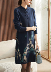 Chinese Style Navy Print Tassel Cotton Knitted Long Sweater Dress Fall