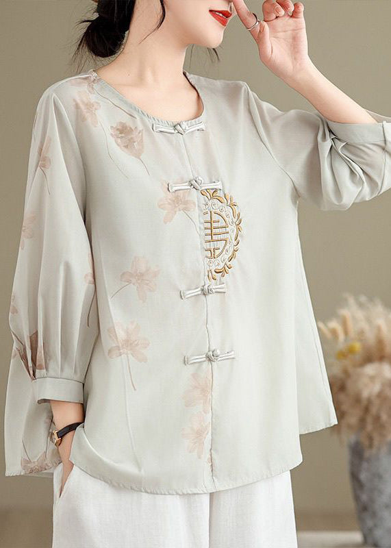Chinese Style O-Neck Embroidered Oriental Button Cotton Shirts Fall