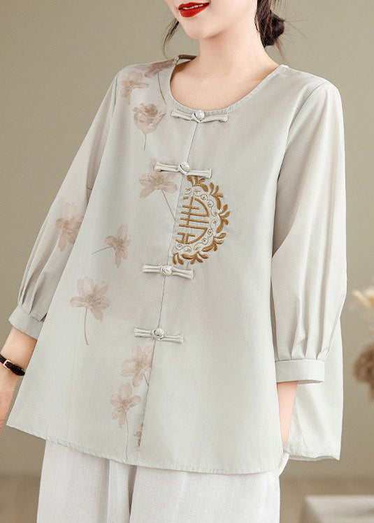 Chinese Style O-Neck Embroidered Oriental Button Cotton Shirts Fall