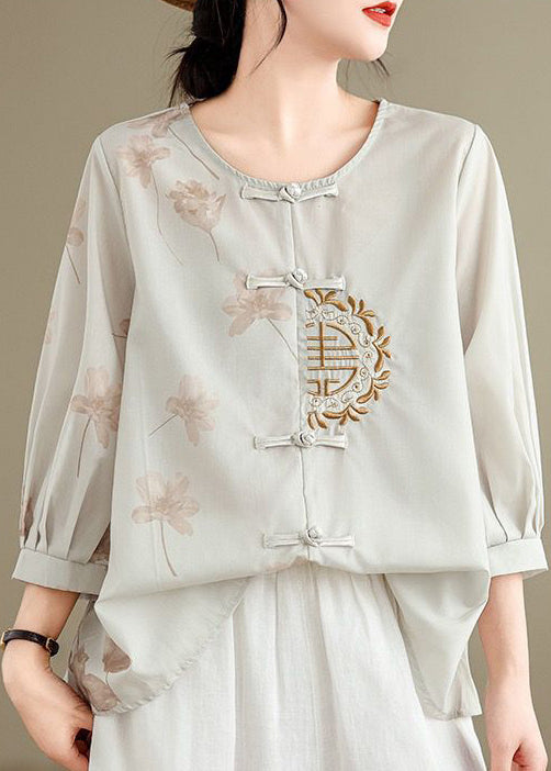 Chinese Style O-Neck Embroidered Oriental Button Cotton Shirts Fall