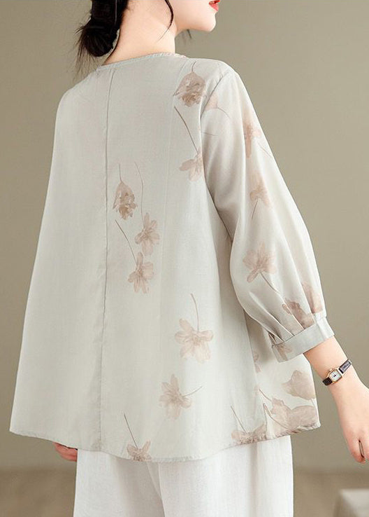 Chinese Style O-Neck Embroidered Oriental Button Cotton Shirts Fall
