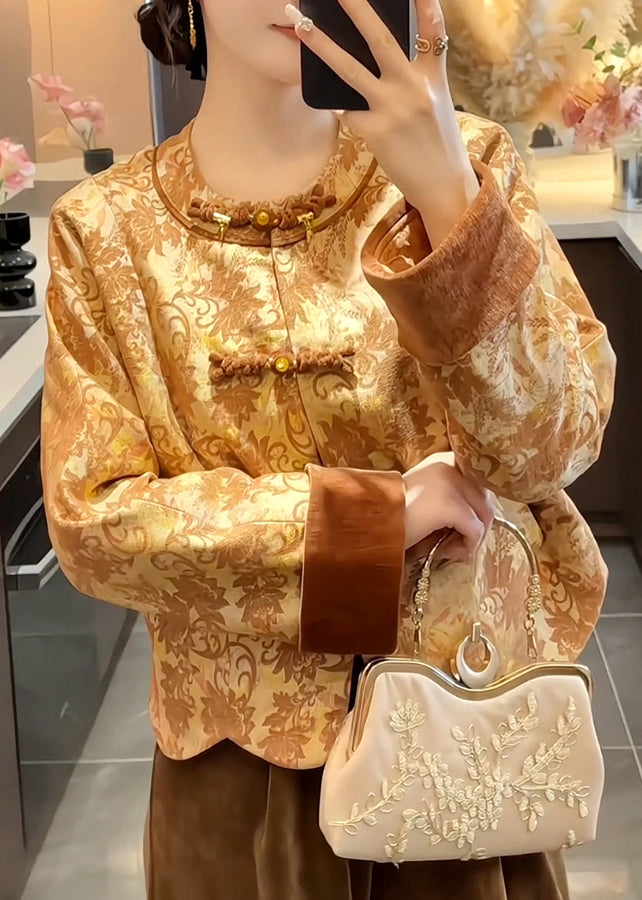 Chinese Style O-Neck Print Button Silk Cotton Coat Fall
