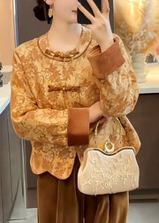 Chinese Style O-Neck Print Button Silk Cotton Coat Fall