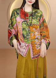 Chinese Style O Neck Print Oriental Button Silk Coat Fall