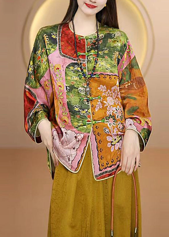 Chinese Style O Neck Print Oriental Button Silk Coat Fall