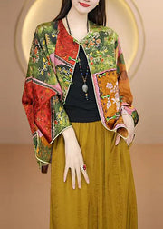 Chinese Style O Neck Print Oriental Button Silk Coat Fall