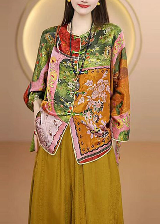 Chinese Style O Neck Print Oriental Button Silk Coat Fall