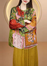 Chinese Style O Neck Print Oriental Button Silk Coat Fall