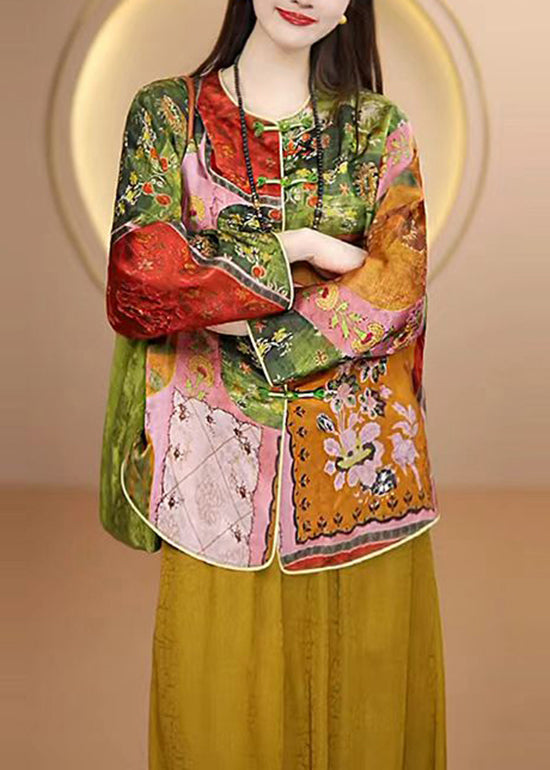 Chinese Style O Neck Print Oriental Button Silk Coat Fall