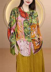 Chinese Style O Neck Print Oriental Button Silk Coat Fall