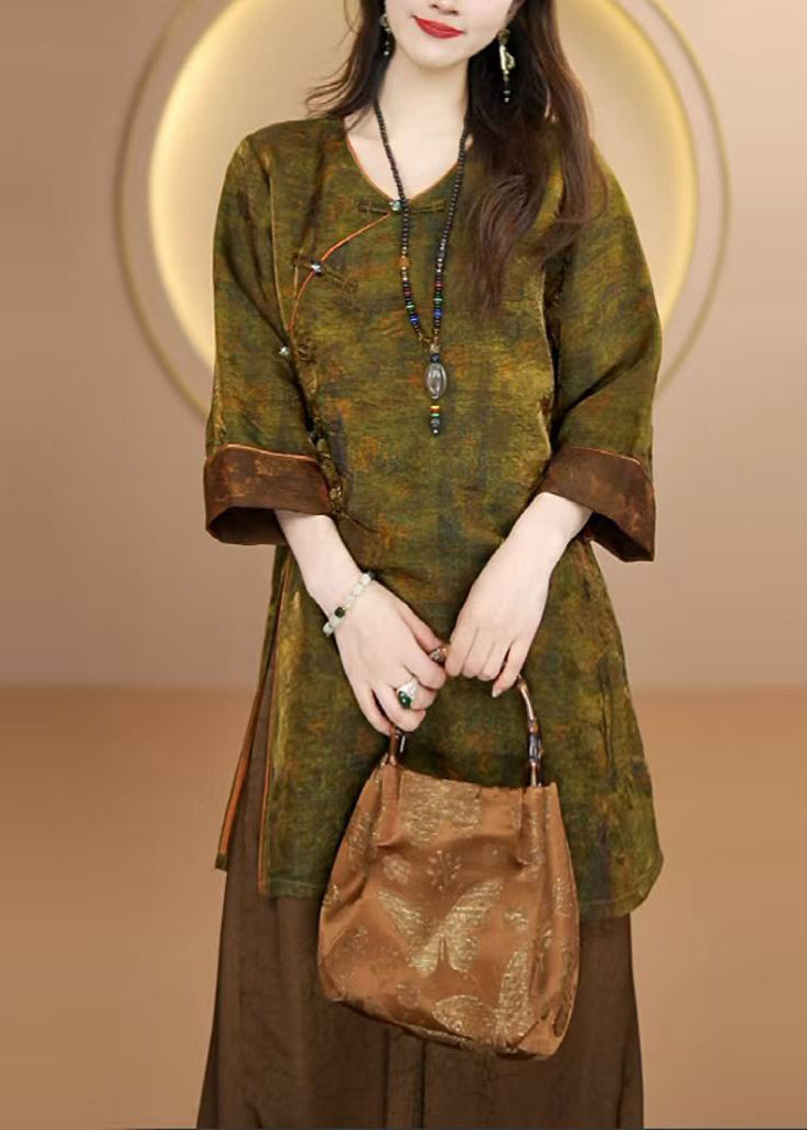 Chinese Style Oriental Button Side Open Silk Shirt Fall