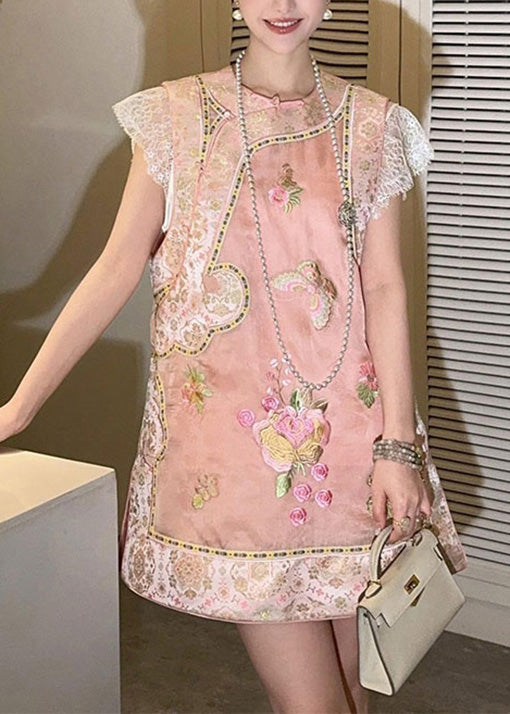 Chinese Style Pink Lace Embroidered Silk Mid Dresses Summer