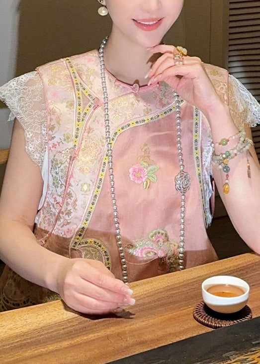Chinese Style Pink Lace Embroidered Silk Mid Dresses Summer