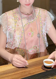 Chinese Style Pink Lace Embroidered Silk Mid Dresses Summer