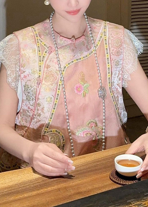 Chinese Style Pink Lace Embroidered Silk Mid Dresses Summer