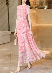 Chinese Style Pink Print Oriental Button Chiffon Dress Summer