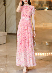 Chinese Style Pink Print Oriental Button Chiffon Dress Summer
