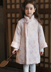 Chinese Style Pink Stand Collar Bow Print Kids Girls Maxi Parka Spring