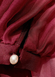Chinese Style Pink Stand Collar Gradient Color Silk Long Dress Puff Sleeve