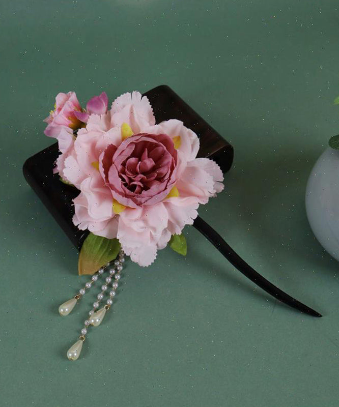 Chinese Style Pink Wooden Peony Pearl Tassel Hairpin