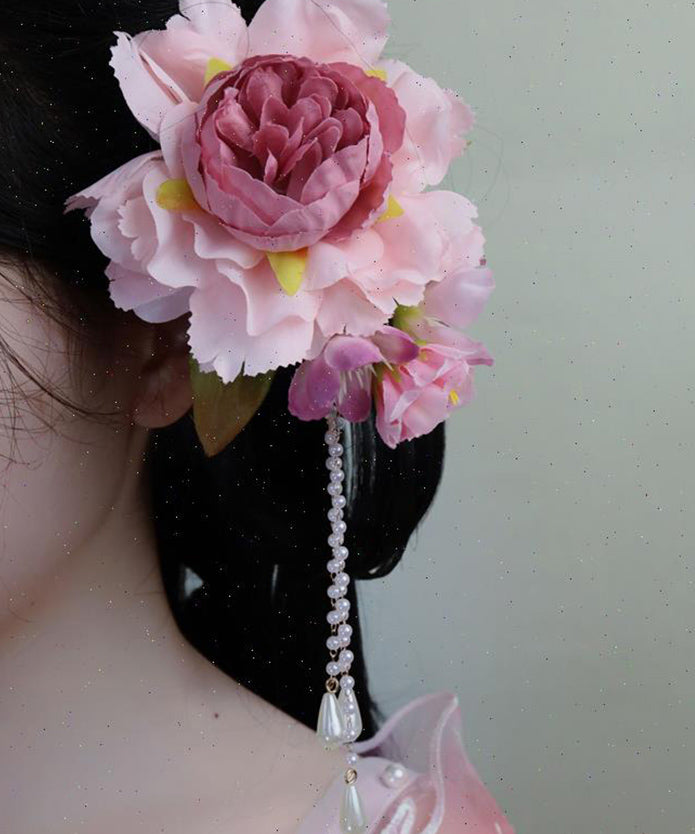 Chinese Style Pink Wooden Peony Pearl Tassel Hairpin