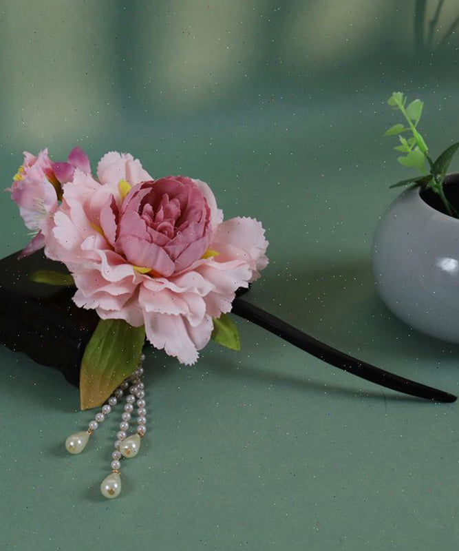 Chinese Style Pink Wooden Peony Pearl Tassel Hairpin